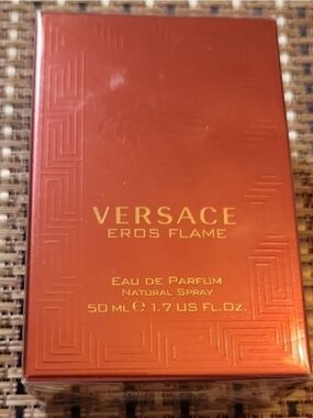 Versace Eros Flame Metallic Red-Orange Box with Gold Lettering
